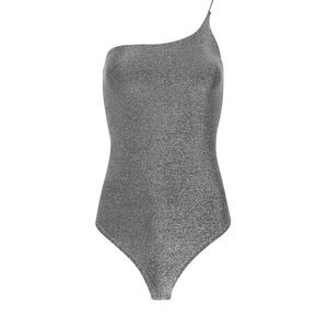 Express Metallic Sparkly One Shoulder Thong Bodysuit